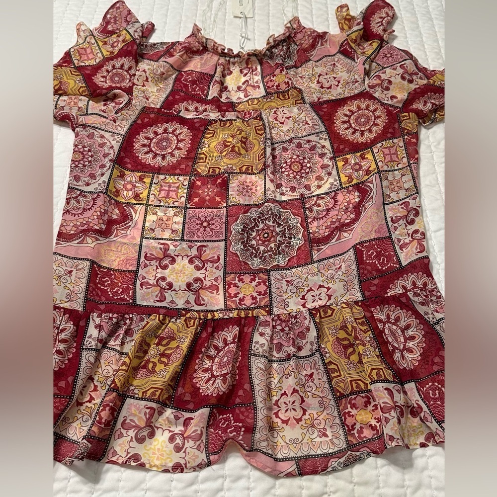 Umgee Multicolor Patchwork Blouse with Ruffle Sleeves - Picture 10 of 11